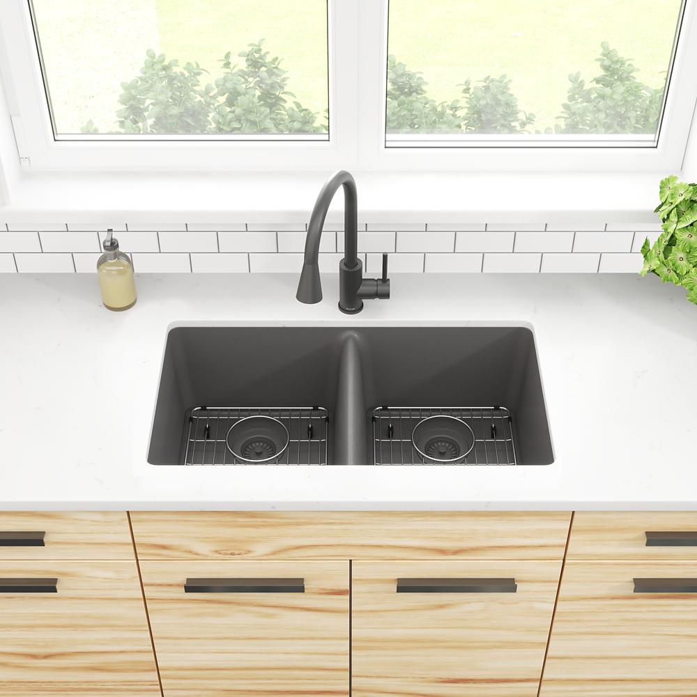 Elkay Quartz Classic 33" x 18-1/2" x 9-1/2" Equal Double Bowl Undermount Sink Kit Graphite ELGU3322GT0C