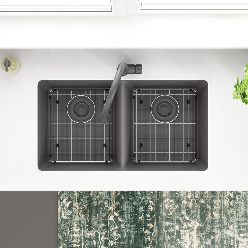 Elkay Quartz Classic 33" x 18-1/2" x 9-1/2" Equal Double Bowl Undermount Sink Kit Graphite ELGU3322GT0C