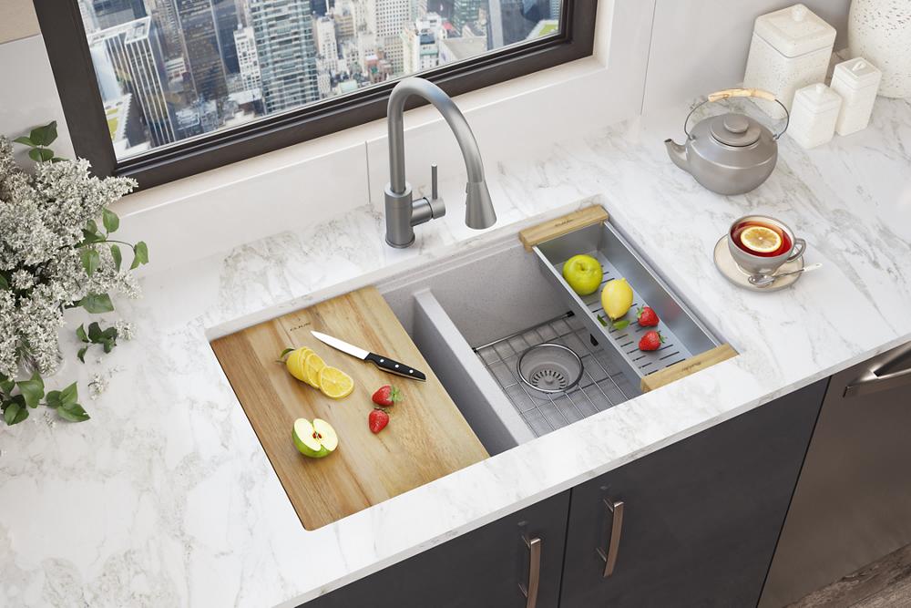 Elkay Quartz Classic 33" x 22" x 9-1/2" Equal Double Bowl Undermount Workstation Sink Kit Greystone ELGU3322WGS0