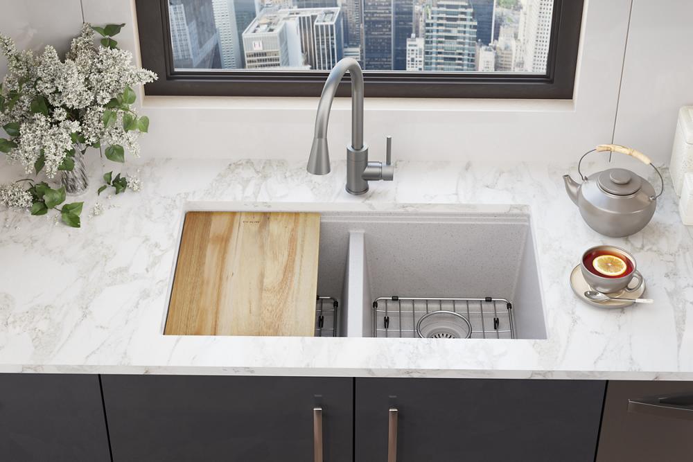 Elkay Quartz Classic 33" x 22" x 9-1/2" Equal Double Bowl Undermount Workstation Sink Kit Greystone ELGU3322WGS0