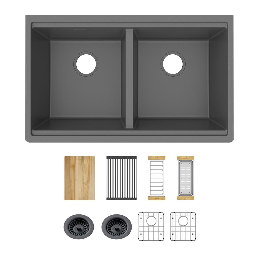 Elkay Quartz Classic 33" x 22" x 9-1/2" Equal Double Bowl Undermount Workstation Sink Kit Graphite ELGU3322WGT0