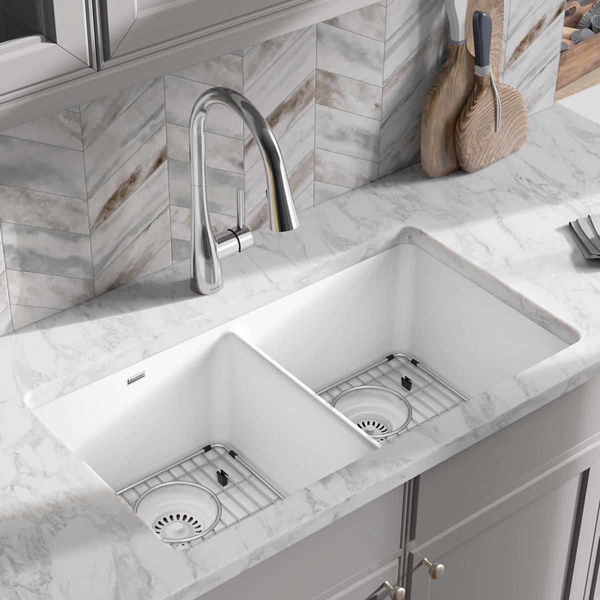 Elkay Quartz Classic 33" x 18-1/2" x 9-1/2", Equal Double Bowl Undermount Sink Kit, White ELGU3322WH0C
