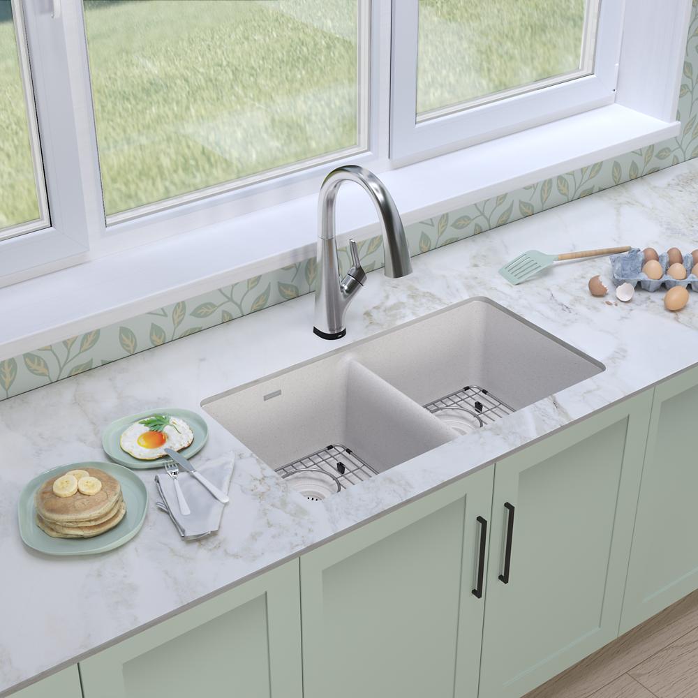 Elkay Quartz Classic 33" x 18-1/2" x 9-1/2" Equal Double Bowl Undermount Sink Kit with Filtered Faucet White ELGU3322WH0FLC