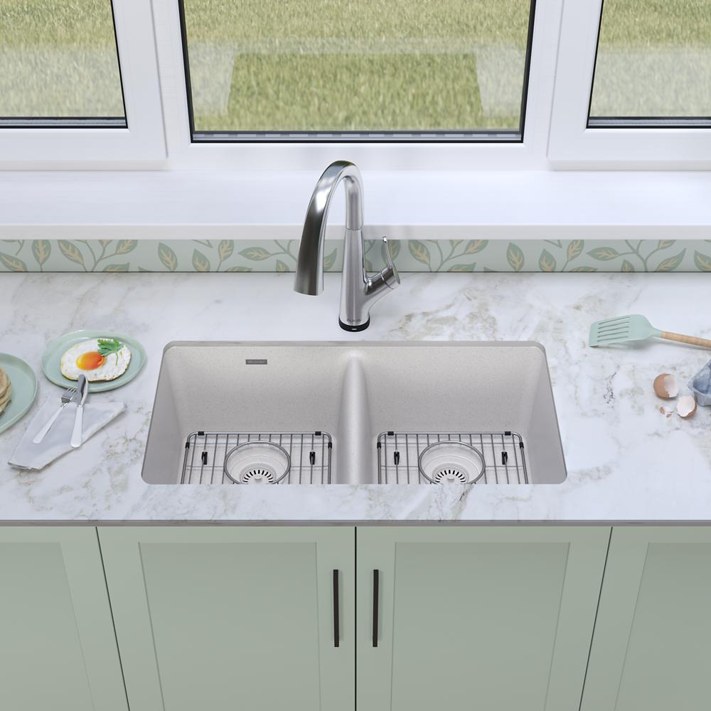 Elkay Quartz Classic 33" x 18-1/2" x 9-1/2" Equal Double Bowl Undermount Sink Kit with Filtered Faucet White ELGU3322WH0FLC