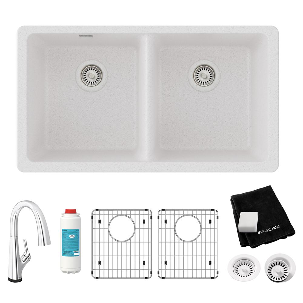 Elkay Quartz Classic 33" x 18-1/2" x 9-1/2" Equal Double Bowl Undermount Sink Kit with Filtered Faucet White ELGU3322WH0FLC