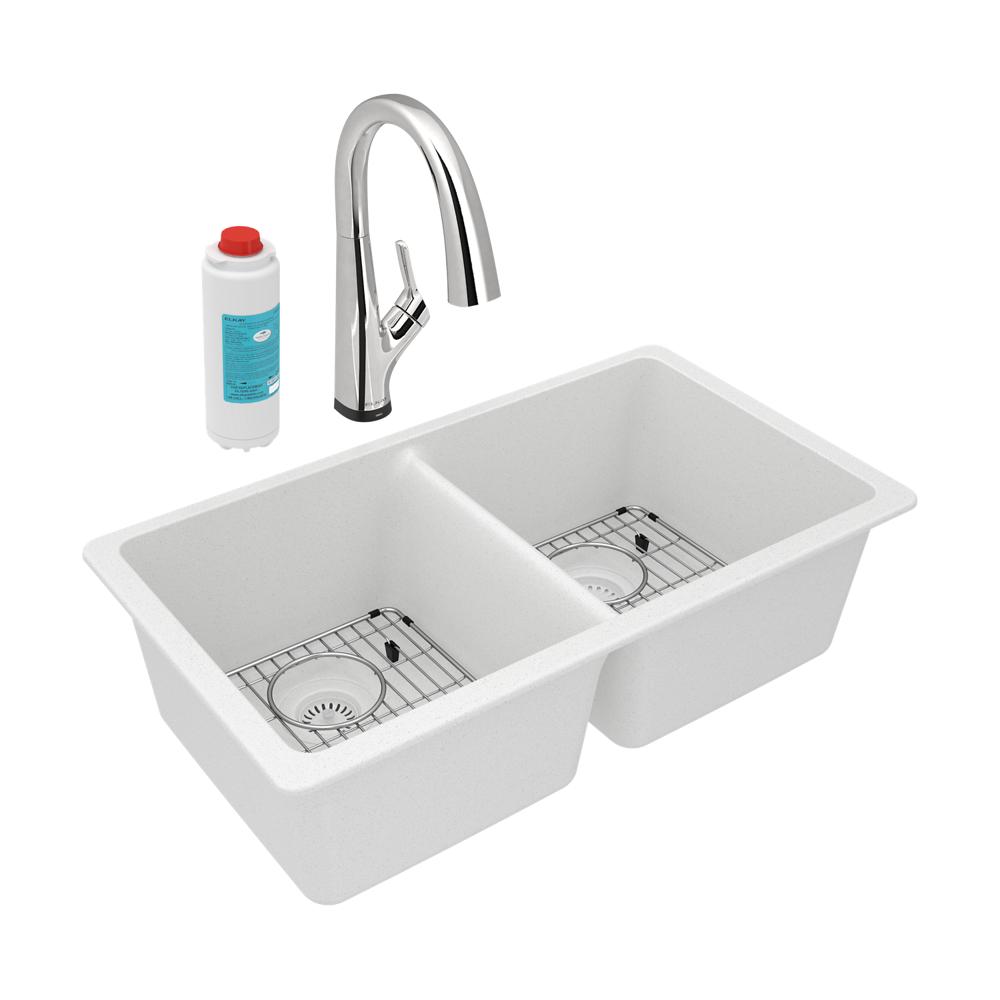 Elkay Quartz Classic 33" x 18-1/2" x 9-1/2" Equal Double Bowl Undermount Sink Kit with Filtered Faucet White ELGU3322WH0FLC