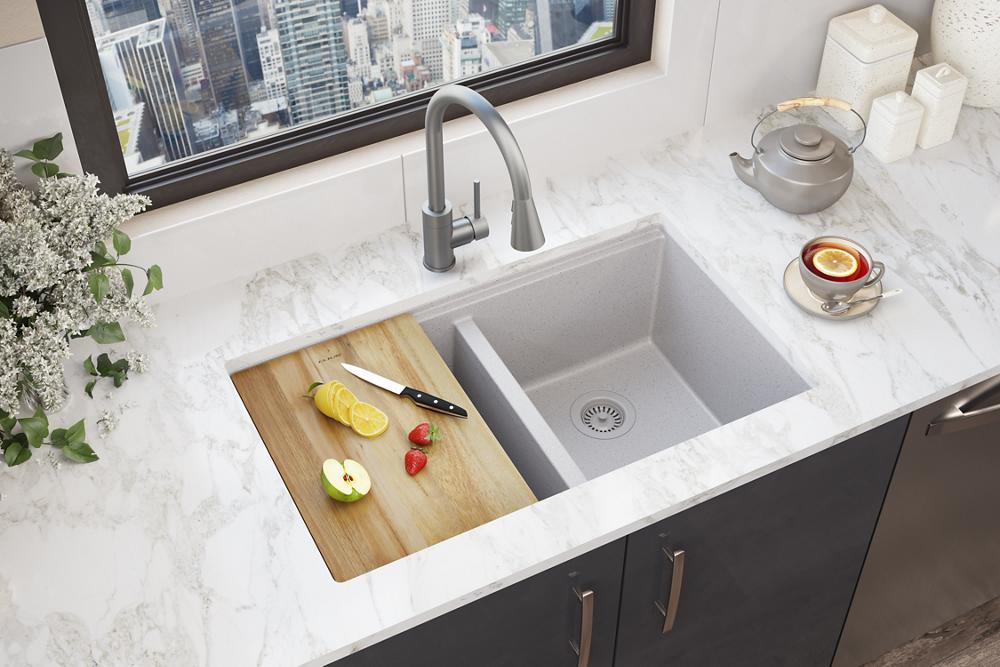Elkay Quartz Classic 33" x 22" x 9-1/2" Equal Double Bowl Undermount Workstation Sink 4pc Kit Greystone ELGU3322WOGS0