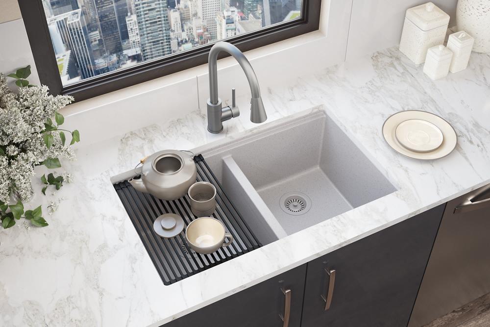 Elkay Quartz Classic 33" x 22" x 9-1/2" Equal Double Bowl Undermount Workstation Sink 4pc Kit Greystone ELGU3322WOGS0
