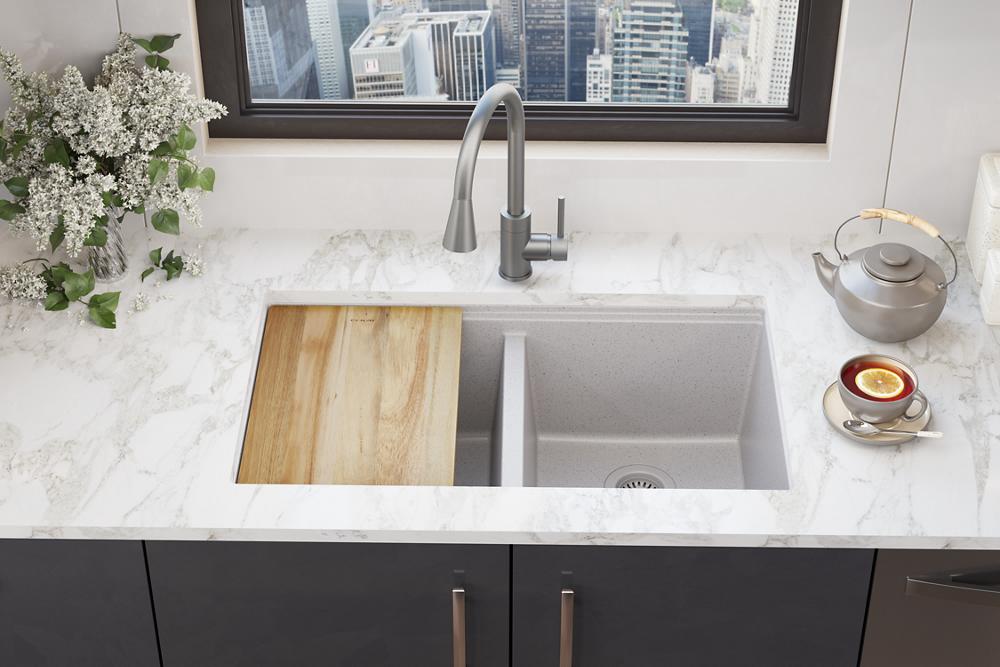 Elkay Quartz Classic 33" x 22" x 9-1/2" Equal Double Bowl Undermount Workstation Sink 4pc Kit Greystone ELGU3322WOGS0