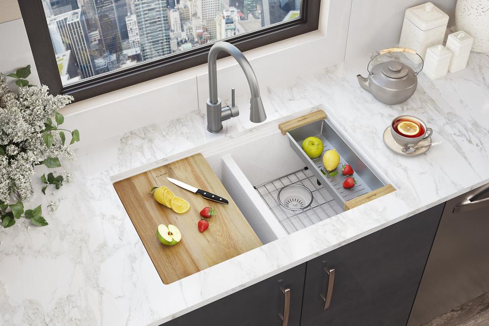 Elkay Quartz Classic 33" x 22" x 9-1/2" Equal Double Bowl Undermount Workstation Sink Kit White ELGU3322WWH0
