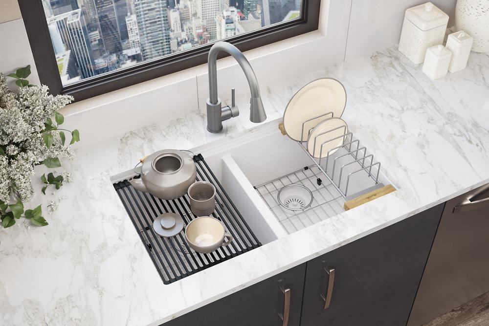 Elkay Quartz Classic 33" x 22" x 9-1/2" Equal Double Bowl Undermount Workstation Sink Kit White ELGU3322WWH0