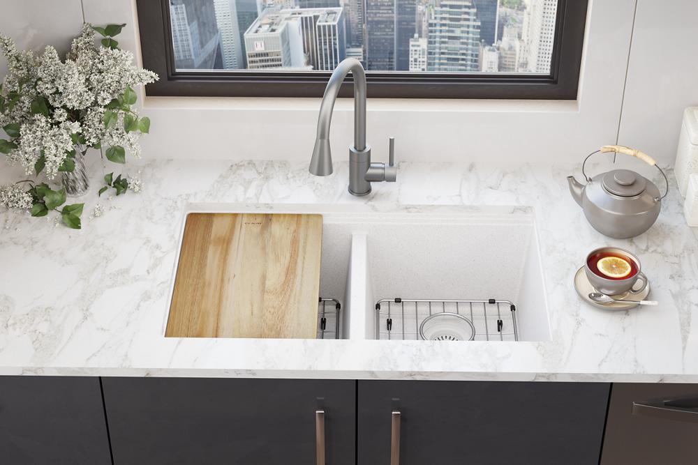 Elkay Quartz Classic 33" x 22" x 9-1/2" Equal Double Bowl Undermount Workstation Sink Kit White ELGU3322WWH0