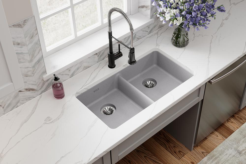 Elkay Quartz Classic 33" x 18-1/2" x 5-1/2" Double Bowl Undermount ADA Sink with Perfect Drain Greystone ELGUAD3319PDGS0