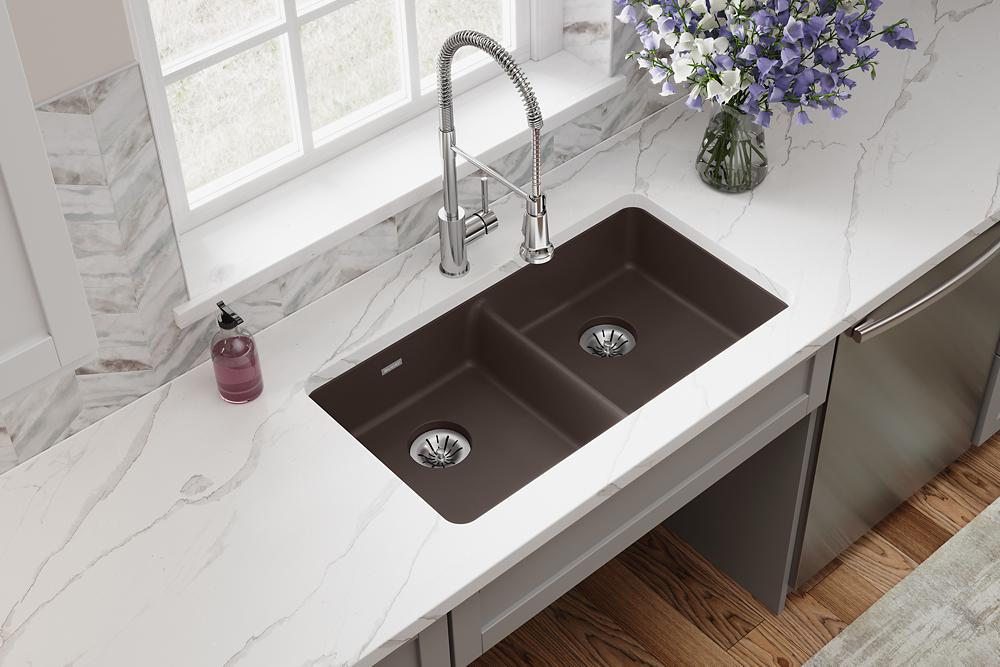 Elkay Quartz Classic 33" x 18-1/2" x 5-1/2" Double Bowl Undermount ADA Sink with Perfect Drain Mocha ELGUAD3319PDMC0
