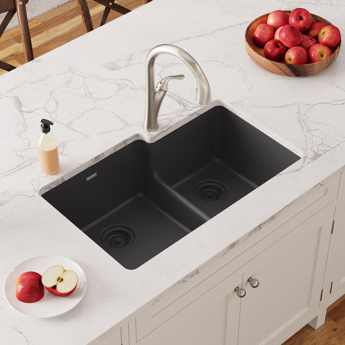 Elkay Quartz Classic 33" x 20-1/2" x 9-1/2", Offset 60/40 Double Bowl Undermount Sink with Aqua Divide, Black ELGULBO3322BK0