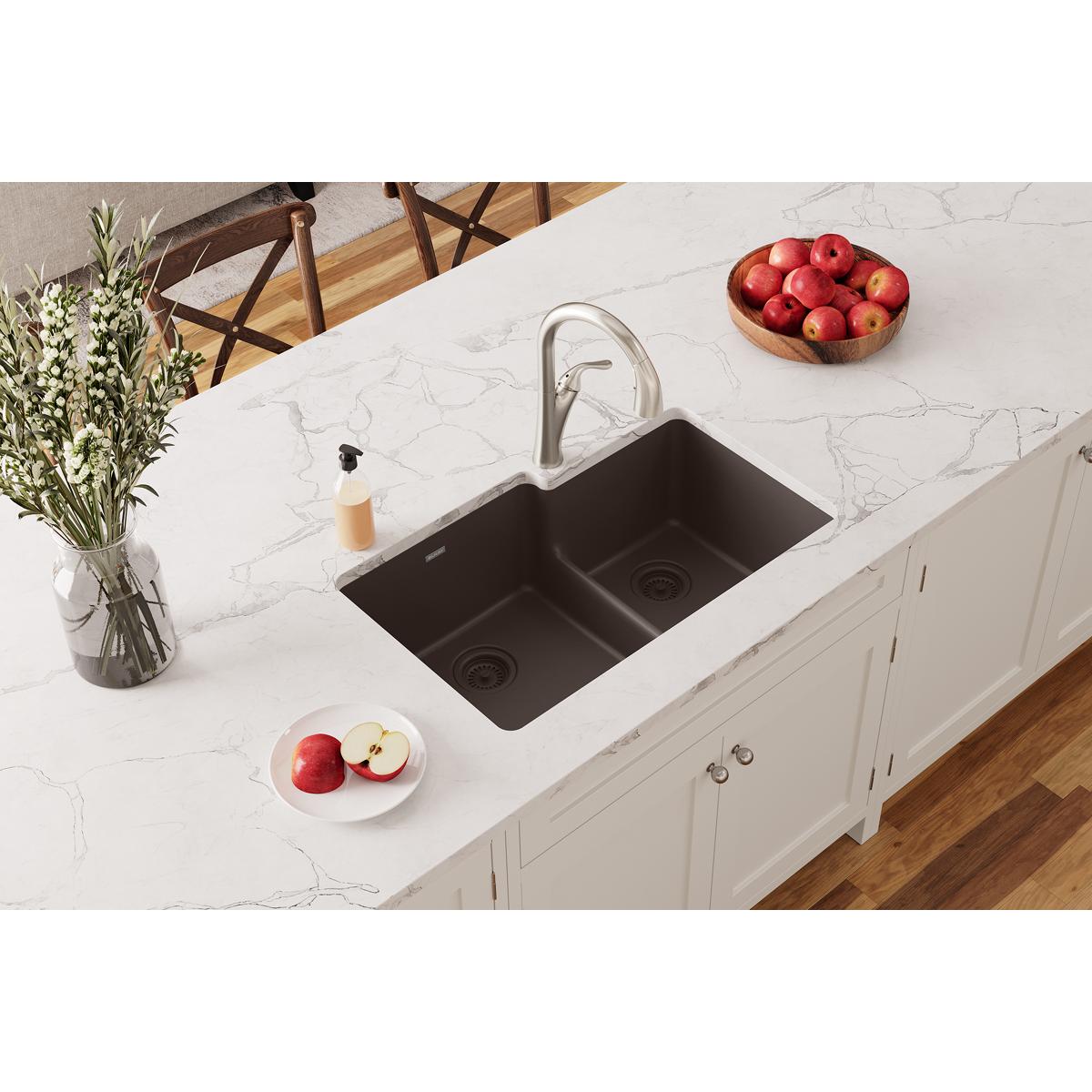 Elkay Quartz Classic 33" x 20-1/2" x 9-1/2", Offset 60/40 Double Bowl Undermount Sink with Aqua Divide, Mocha ELGULBO3322MC0