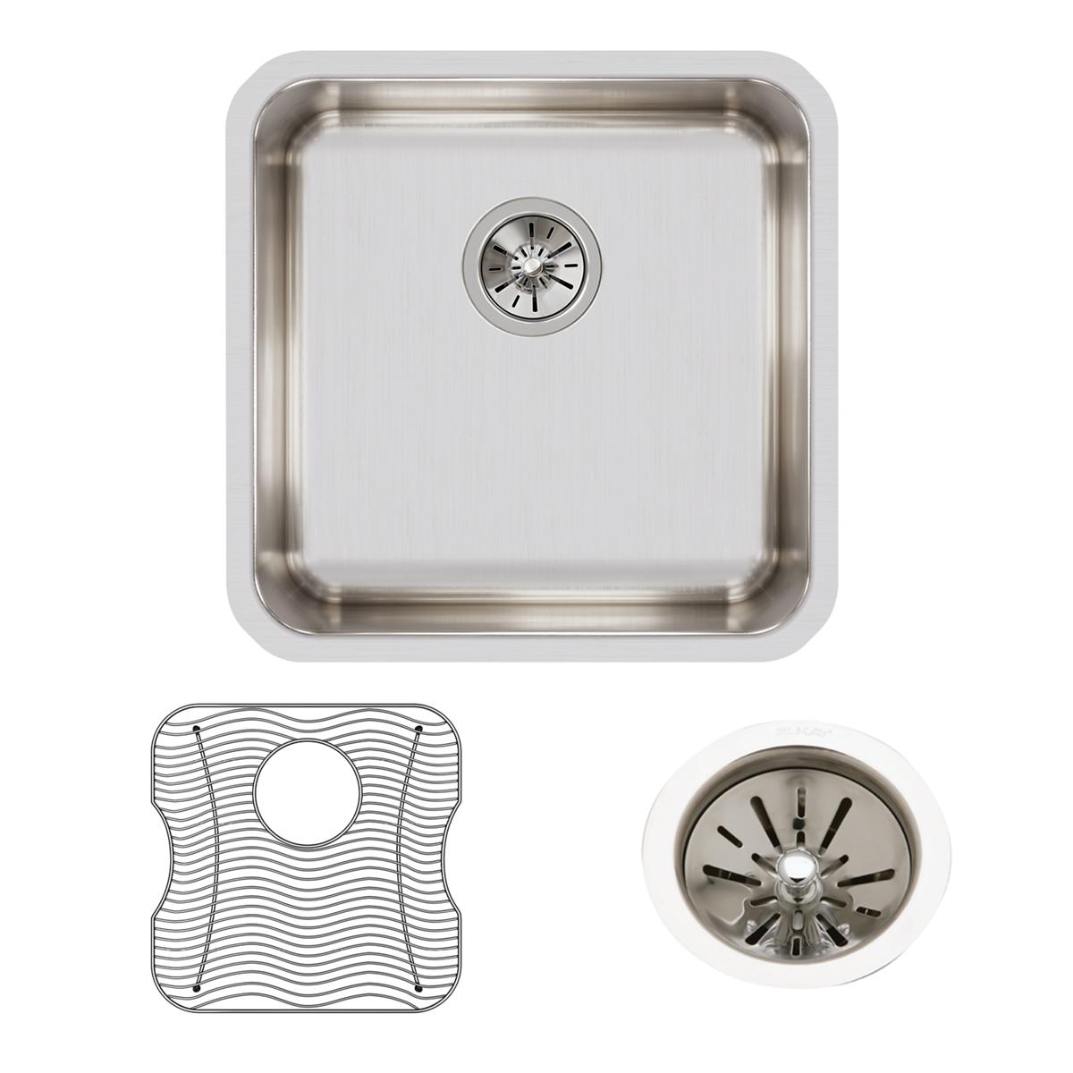 Elkay Lustertone Classic Stainless Steel 18-1/2" x 18-1/2" x 7-7/8", Single Bowl Undermount Sink Kit ELUH1616DBG