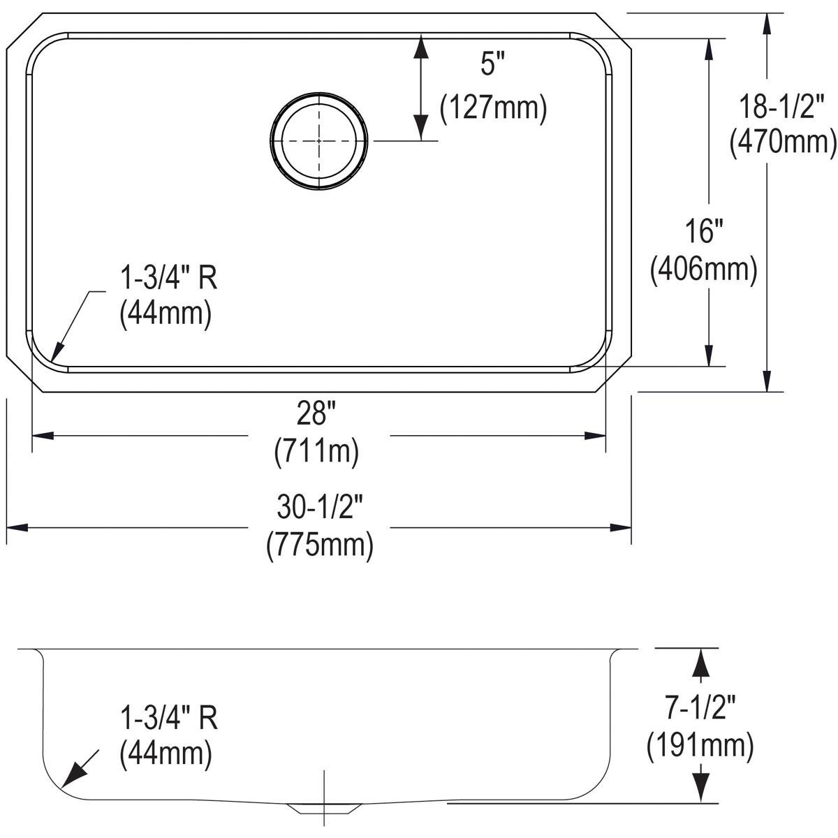Elkay Lustertone Classic Stainless Steel, 30-1/2" x 18-1/2" x 7-1/2", Single Bowl Undermount Sink ELUH2816