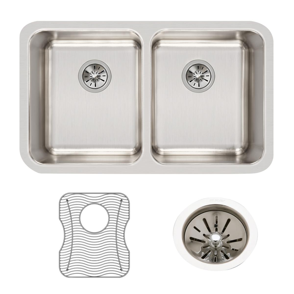 Elkay Lustertone Classic Stainless Steel 30-3/4" x 18-1/2" x 10", Equal Double Bowl Undermount Sink Kit ELUH311810DBG