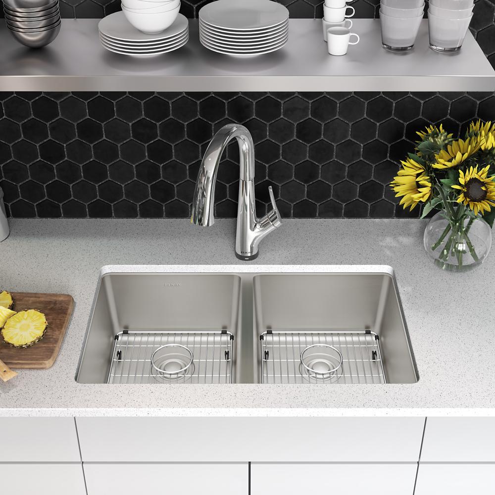 Elkay Lustertone Iconix 18 Gauge Stainless Steel 32-3/4" x 19-1/2" x 9" Double Bowl Undermount Sink Kit with Filtered Faucet ELUH3118TFLC