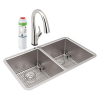 Elkay Lustertone Iconix 18 Gauge Stainless Steel 32-3/4" x 19-1/2" x 9" Double Bowl Undermount Sink Kit with Filtered Faucet ELUH3118TFLC