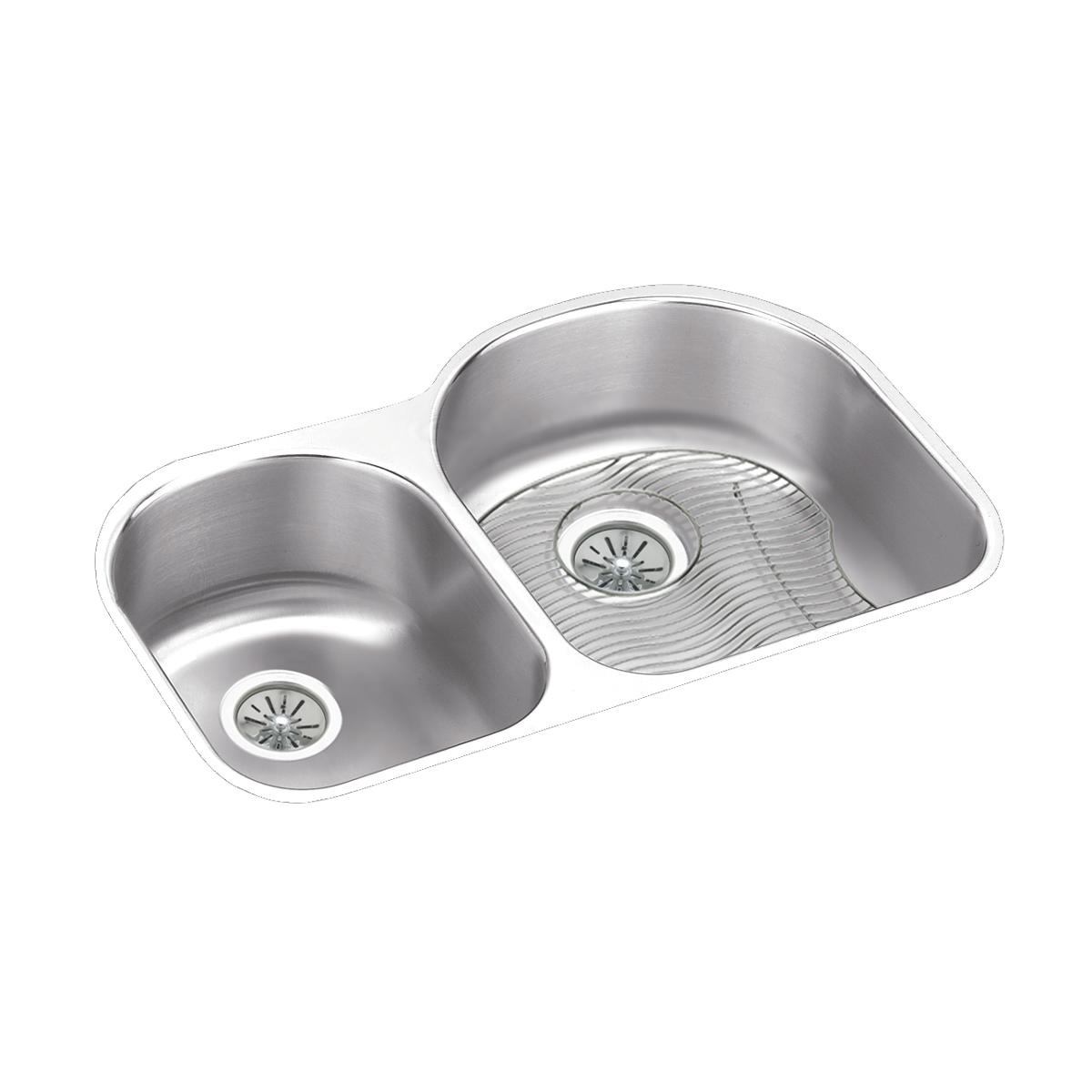 Elkay Lustertone Classic Stainless Steel 31-1/4" x 20" x 10", Offset 40/60 Double Bowl Undermount Sink Kit ELUH311910LDBG