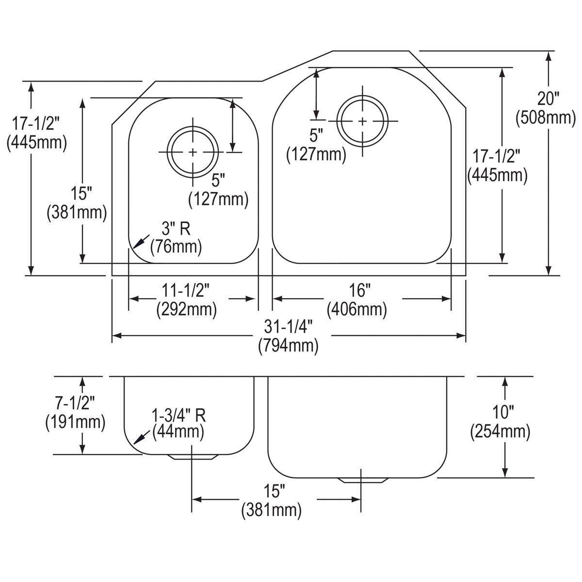 Elkay Lustertone Classic Stainless Steel 31-1/4" x 20" x 10", Offset 40/60 Double Bowl Undermount Sink ELUH311910L