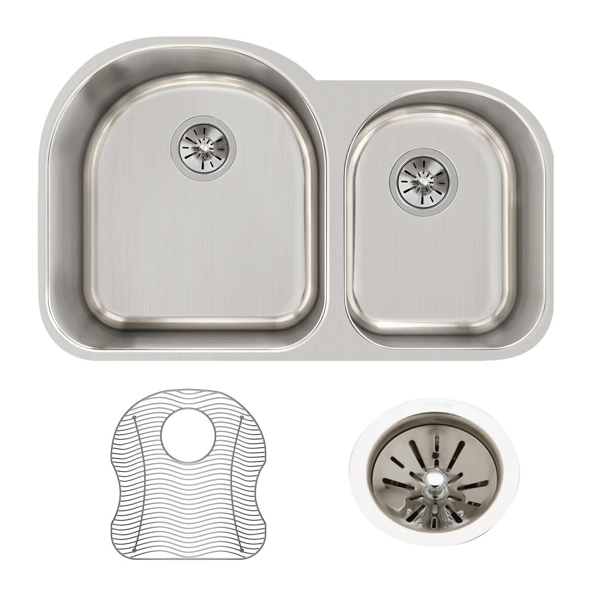 Elkay Lustertone Classic Stainless Steel 31-1/4" x 20" x 10", Offset 60/40 Double Bowl Undermount Sink Kit ELUH311910RDBG