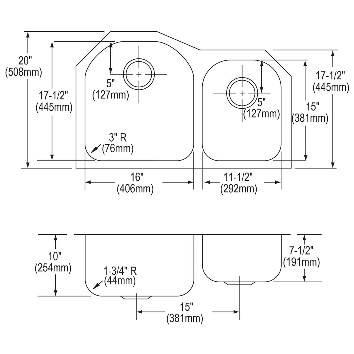 Elkay Lustertone Classic Stainless Steel 31-1/4" x 20" x 10", Offset 60/40 Double Bowl Undermount Sink Kit ELUH311910RDBG