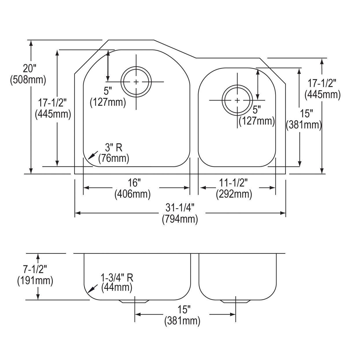 Elkay Lustertone Classic Stainless Steel 31-1/4" x 20" x 7-1/2", Offset 60/40 Double Bowl Undermount Sink ELUH3119R
