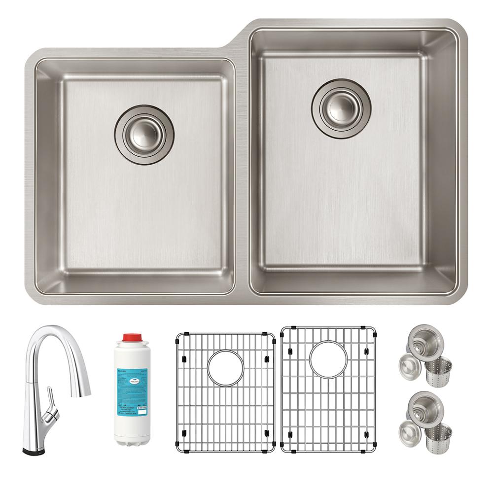 Elkay Lustertone Iconix 18 Gauge Stainless Steel 31-1/4" x 20-1/2" x 9" Offset 40/60 Bowl Undermount Sink Kit w/Filter Faucet ELUH3120LTFLC