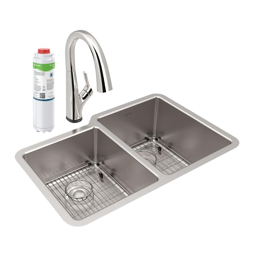 Elkay Lustertone Iconix 18 Gauge Stainless Steel 31-1/4" x 20-1/2" x 9" Offset 40/60 Bowl Undermount Sink Kit w/Filter Faucet ELUH3120LTFLC