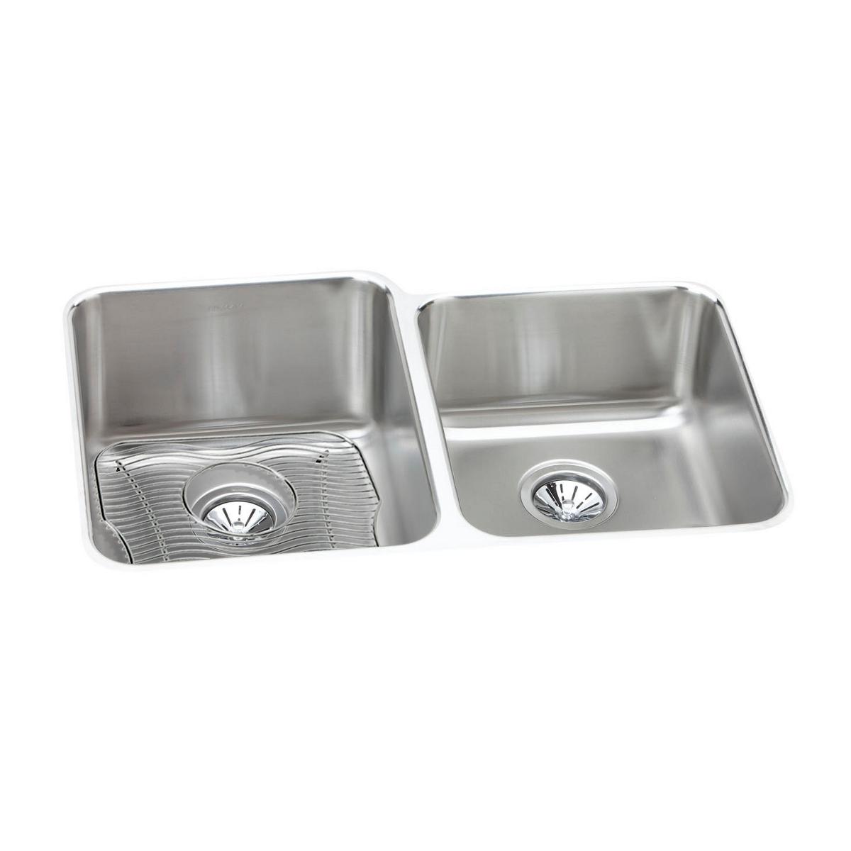 Elkay Lustertone Classic Stainless Steel 31-1/4" x 20-1/2" x 9-7/8", Offset Double Bowl Undermount Sink Kit ELUH3120RDBG