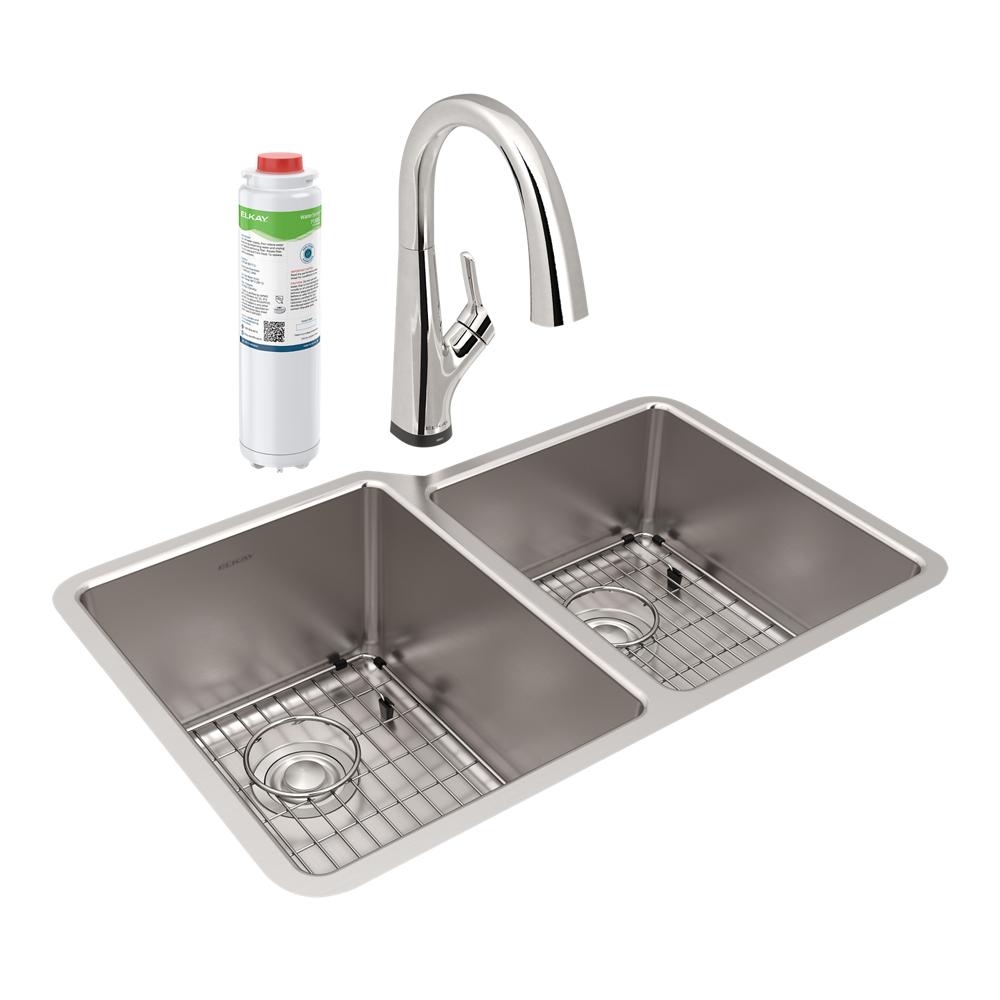 Elkay Lustertone Iconix 18 Gauge Stainless Steel 31-1/4" x 20-1/2" x 9" Offset 60/40 Bowl Undermount Sink Kit w/Filter Faucet ELUH3120RTFLC