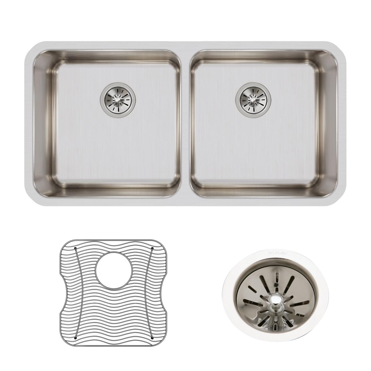 Elkay Lustertone Classic Stainless Steel 35-3/4" x 18-1/2" x 10", Equal Double Bowl Undermount Sink Kit ELUH361710DBG