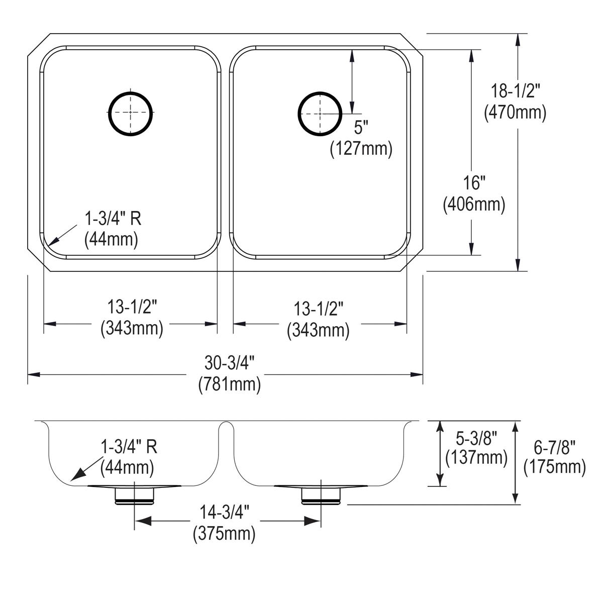 Elkay Lustertone Classic Stainless Steel, 30-3/4" x 18-1/2" x 5-3/8", Double Bowl Undermount ADA Sink w/Perfect Drain ELUHAD311855PD