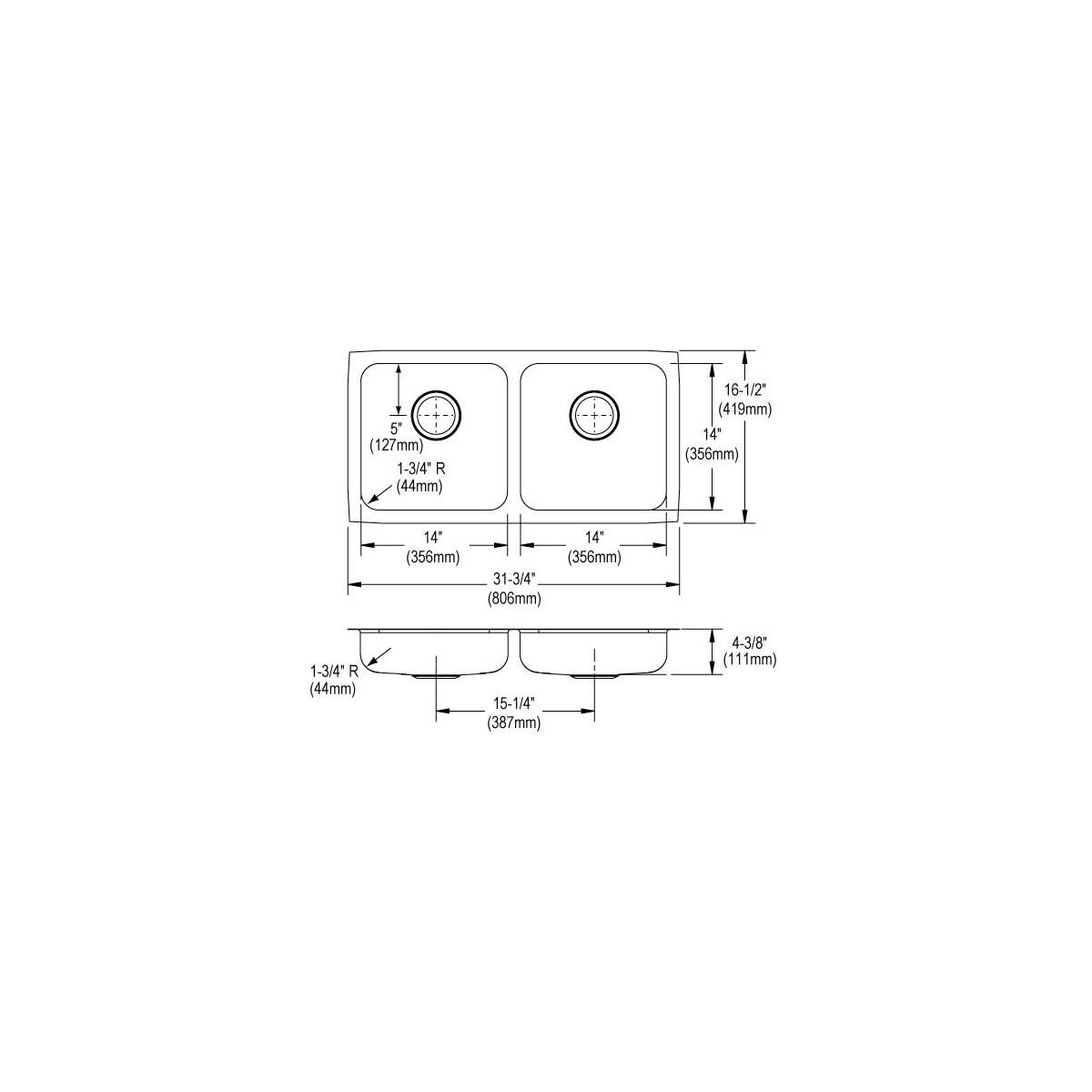 Elkay Lustertone Classic Stainless Steel, 31-3/4" x 16-1/2" x 4-3/8", Equal Double Bowl Undermount ADA Sink ELUHAD321645