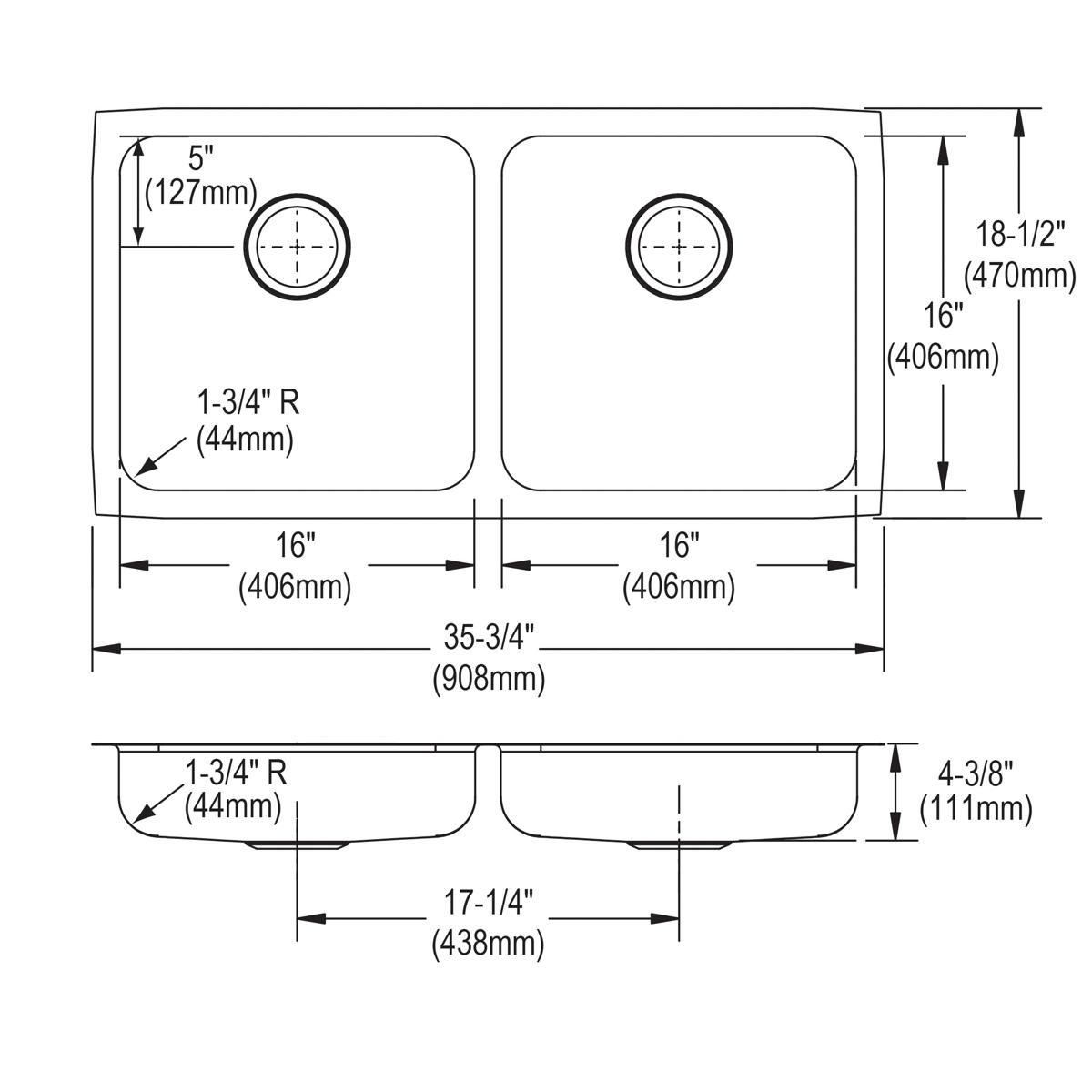 Elkay Lustertone Classic Stainless Steel 35-3/4" x 18-1/2" x 4-3/8", Equal Double Bowl Undermount ADA Sink ELUHAD361845