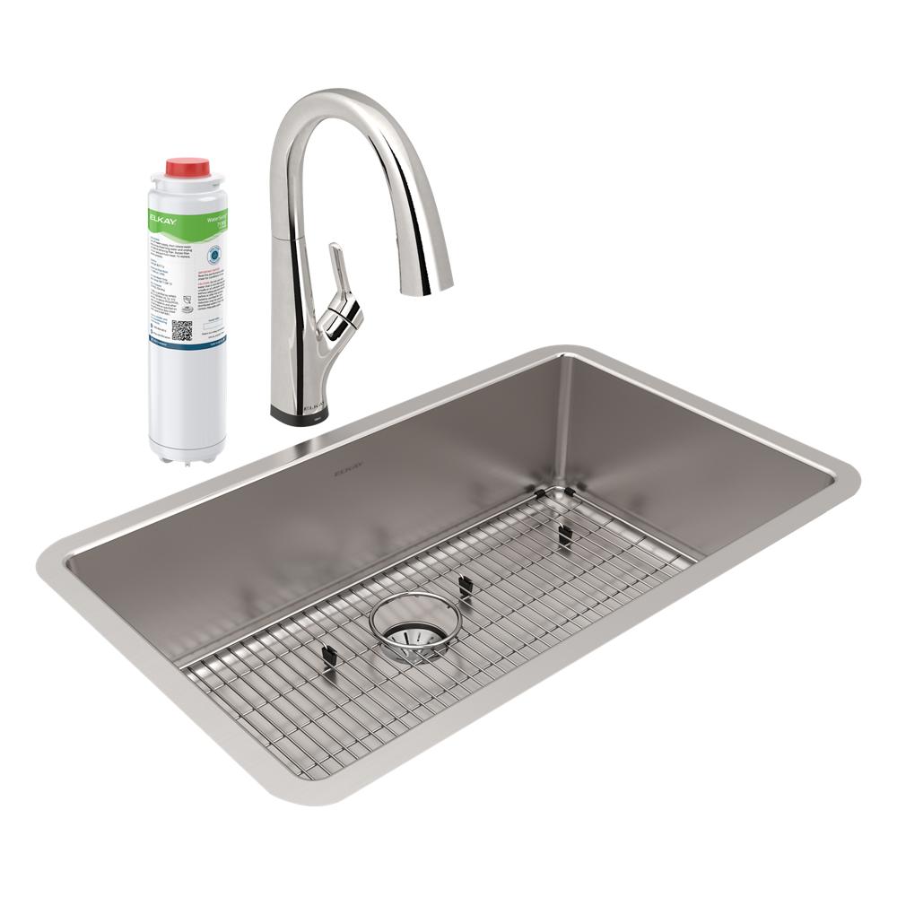 Elkay Lustertone Iconix 16 Gauge Stainless Steel 32-1/2" x 19-1/2" x 9" Single Bowl Undermount Sink Kit with Filtered Faucet with Perfect Drain ELUHH3017TPDFLC