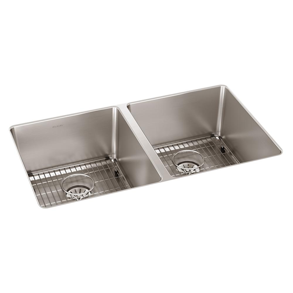 Elkay Lustertone Iconix 16 Gauge Stainless Steel 32-3/4" x 19-1/2" x 9" Double Bowl Undermount Sink Kit with Perfect Drain ELUHH3118TPDBG
