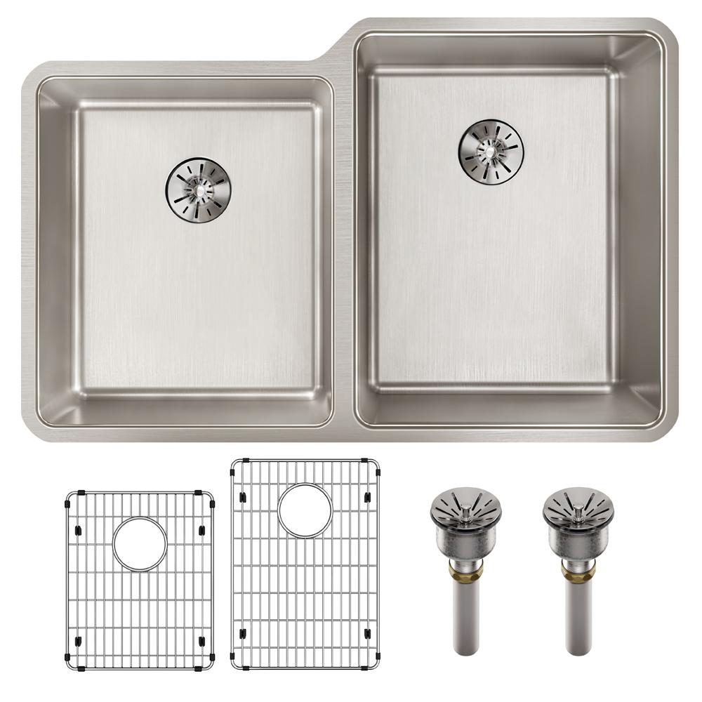 Elkay Lustertone Iconix 16 Gauge Stainless Steel 31-1/4" x 20-1/2" x 9" Double Bowl Undermount Sink Kit with Left Perfect Drain ELUHH3120LTPDBG