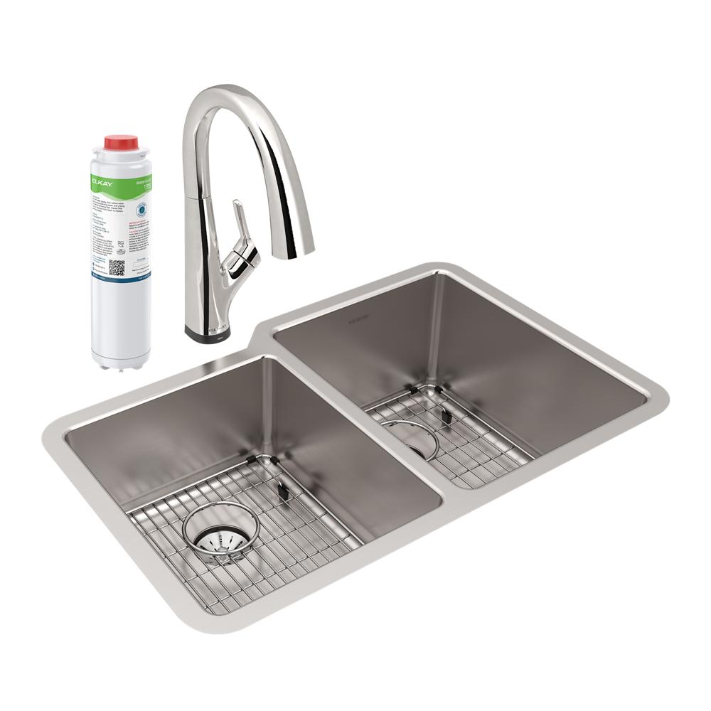 Elkay Lustertone Iconix 16 Ga Stainless Steel 31-1/4" x 20-1/2" x 9" Offset 40/60 Bowl Umt Sink Kit w/Perfect Drain&Fltr Fct ELUHH3120LTPFLC