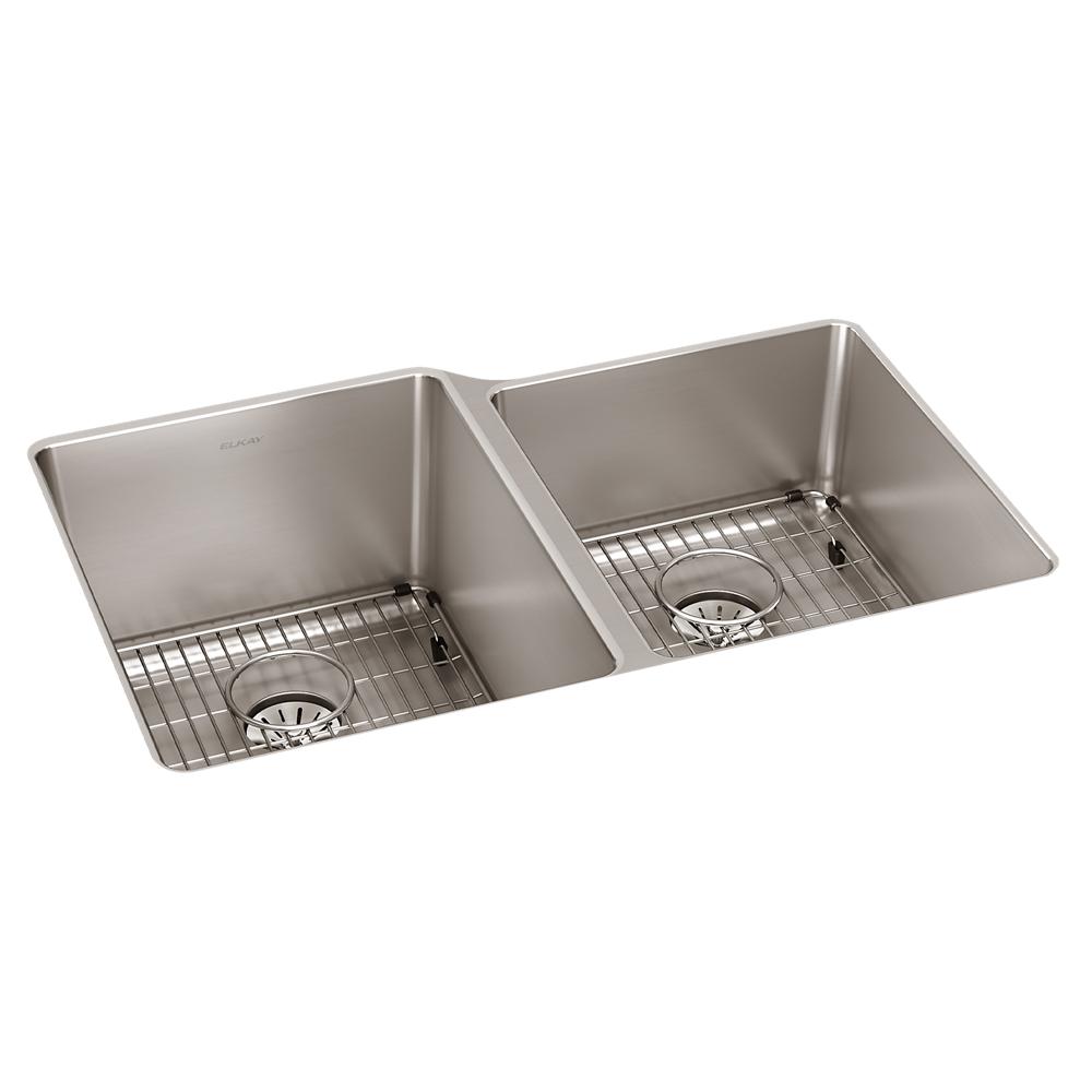 Elkay Lustertone Iconix 16 Gauge Stainless Steel 31-1/4" x 20-1/2" x 9" Double Bowl Undermount Sink Kit with Right Perfect Drain ELUHH3120RTPDBG