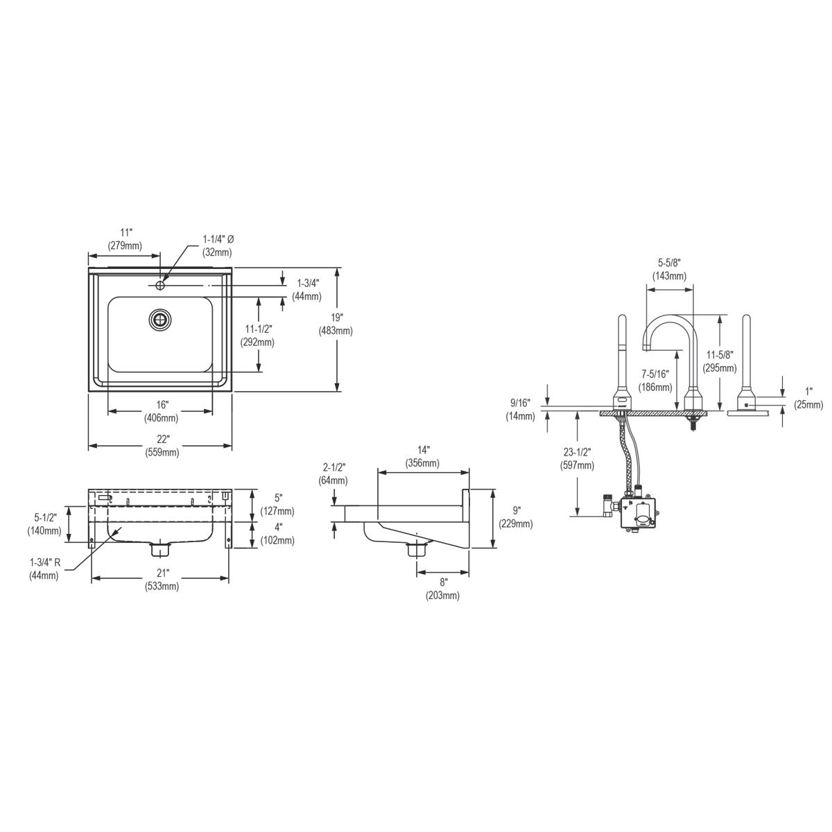 Elkay Stainless Steel 22" x 19" x 5-1/2", Wall Hung Lavatory Sink Kit ELV2219SACTMC