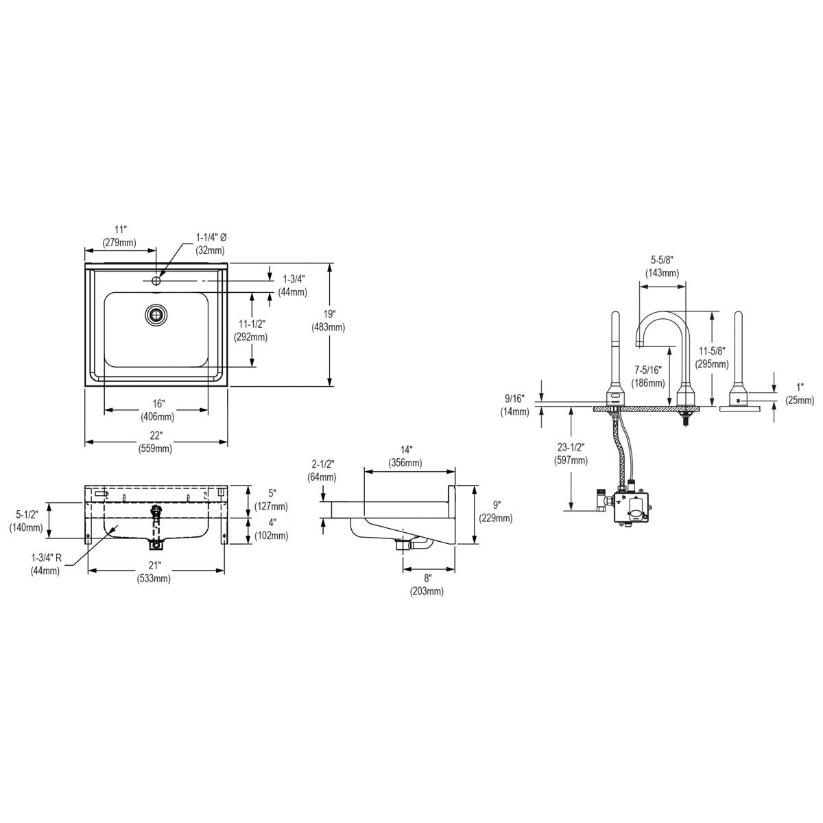 Elkay Stainless Steel 22" x 19" x 5-1/2", Wall Hung Lavatory Sink Kit ELVWO2219SACTMC