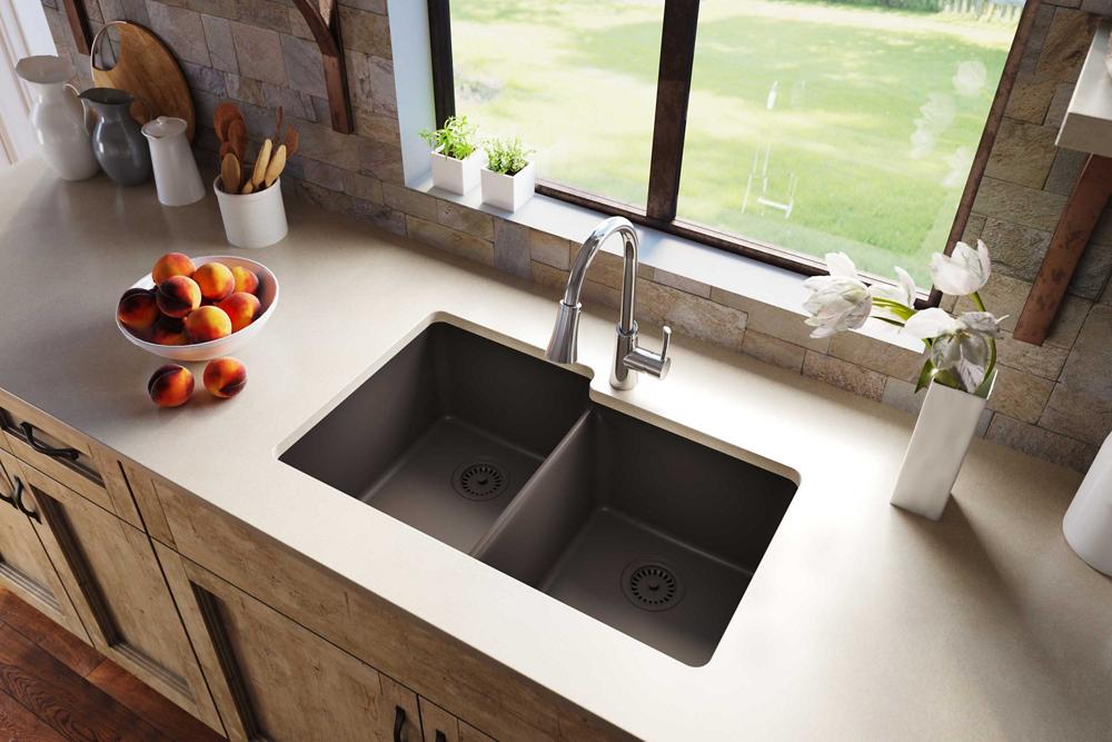 Elkay Quartz Luxe 33" x 20-1/2" x 9-1/2" Offset Double Bowl Undermount Sink Chestnut ELXU250RCN0