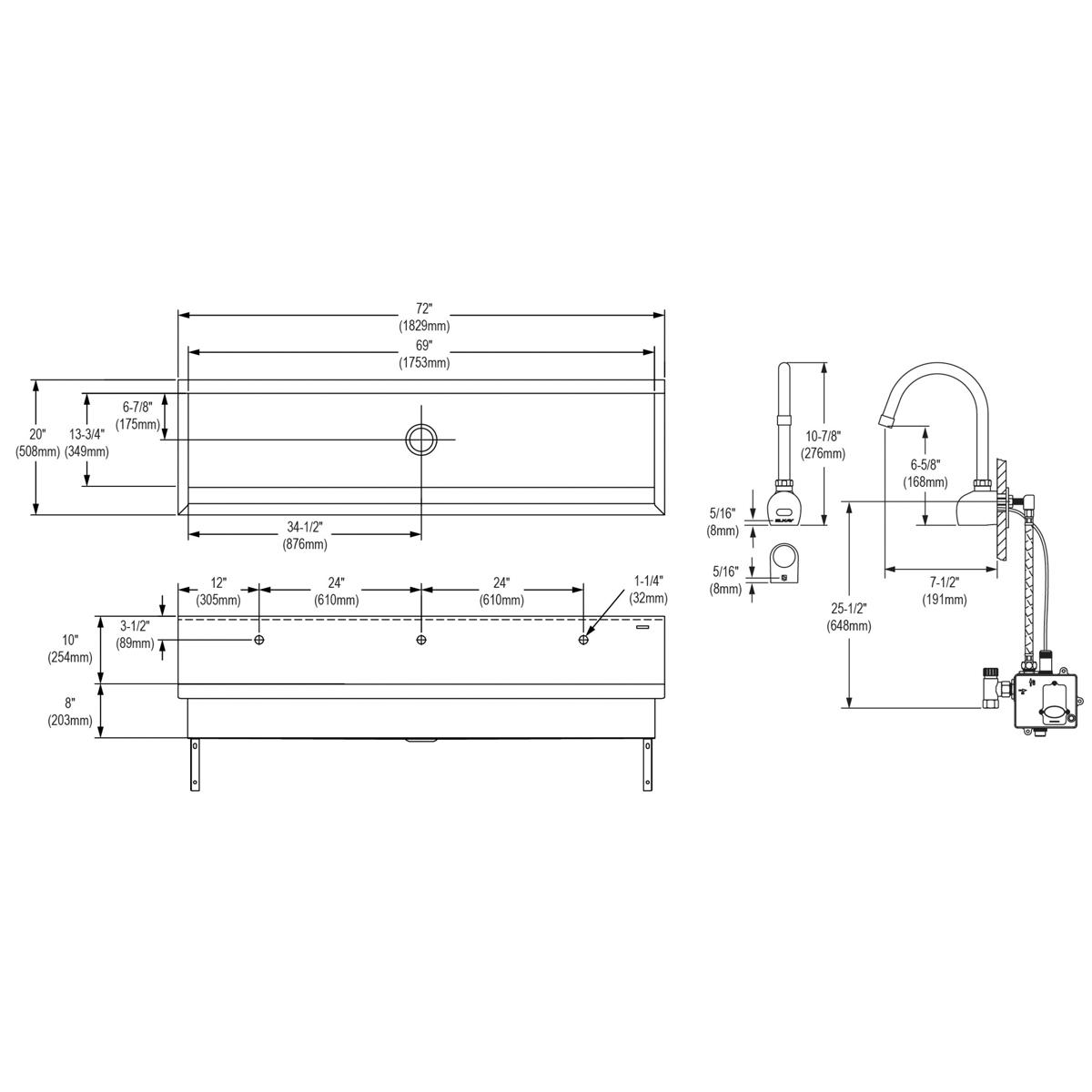 Elkay Stainless Steel 72" x 20" x 8", Wall Hung Multiple Station Hand Wash Sink Kit EWMA7220SACC