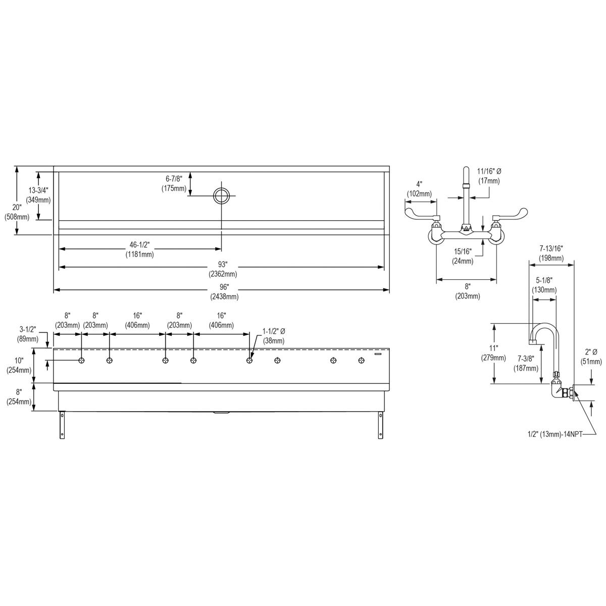Elkay Stainless Steel 96" x 20" x 8", Wall Hung Multiple Station Hand Wash Sink Kit EWMA9620C