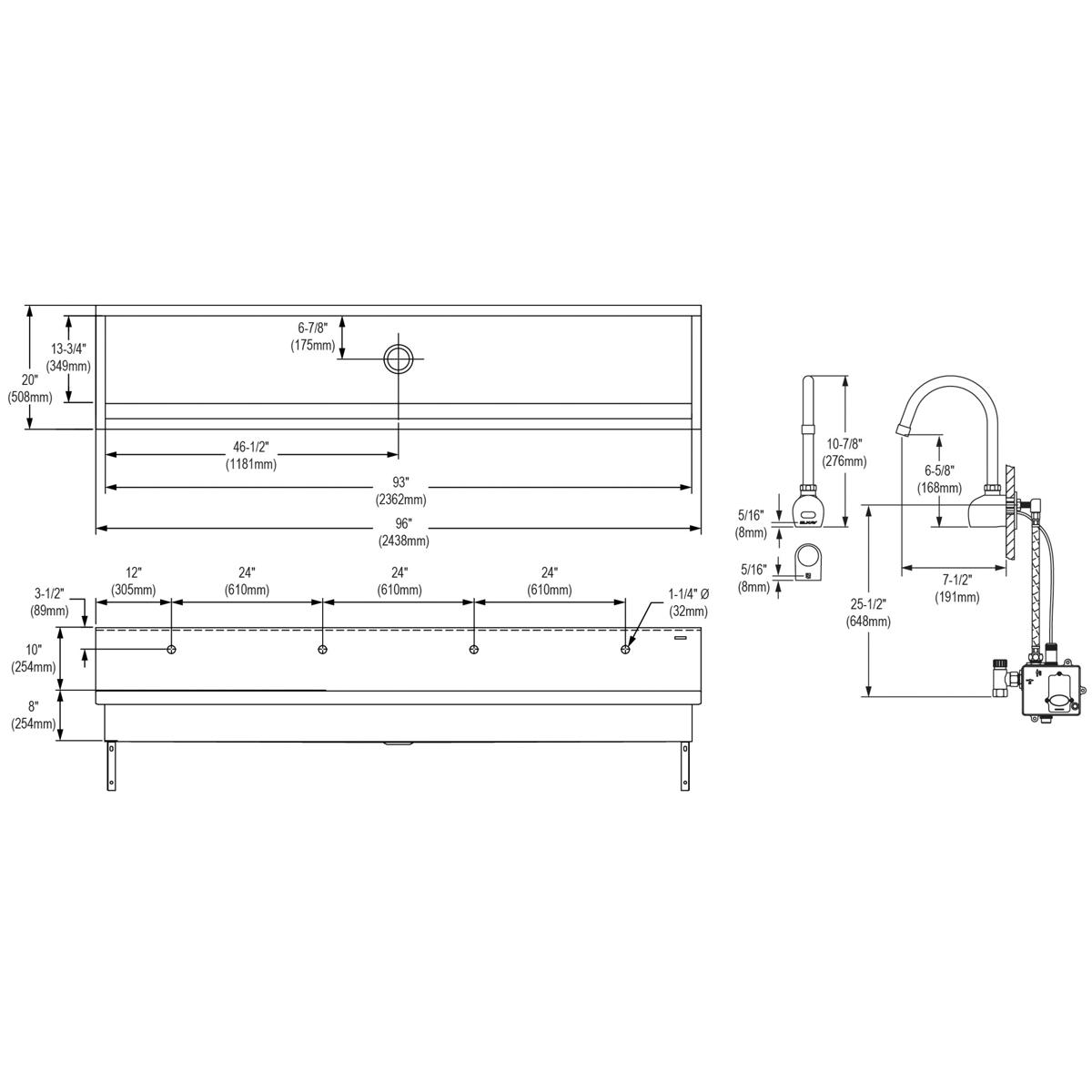 Elkay Stainless Steel 96" x 20" x 8", Wall Hung Multiple Station Hand Wash Sink Kit EWMA9620SACMC