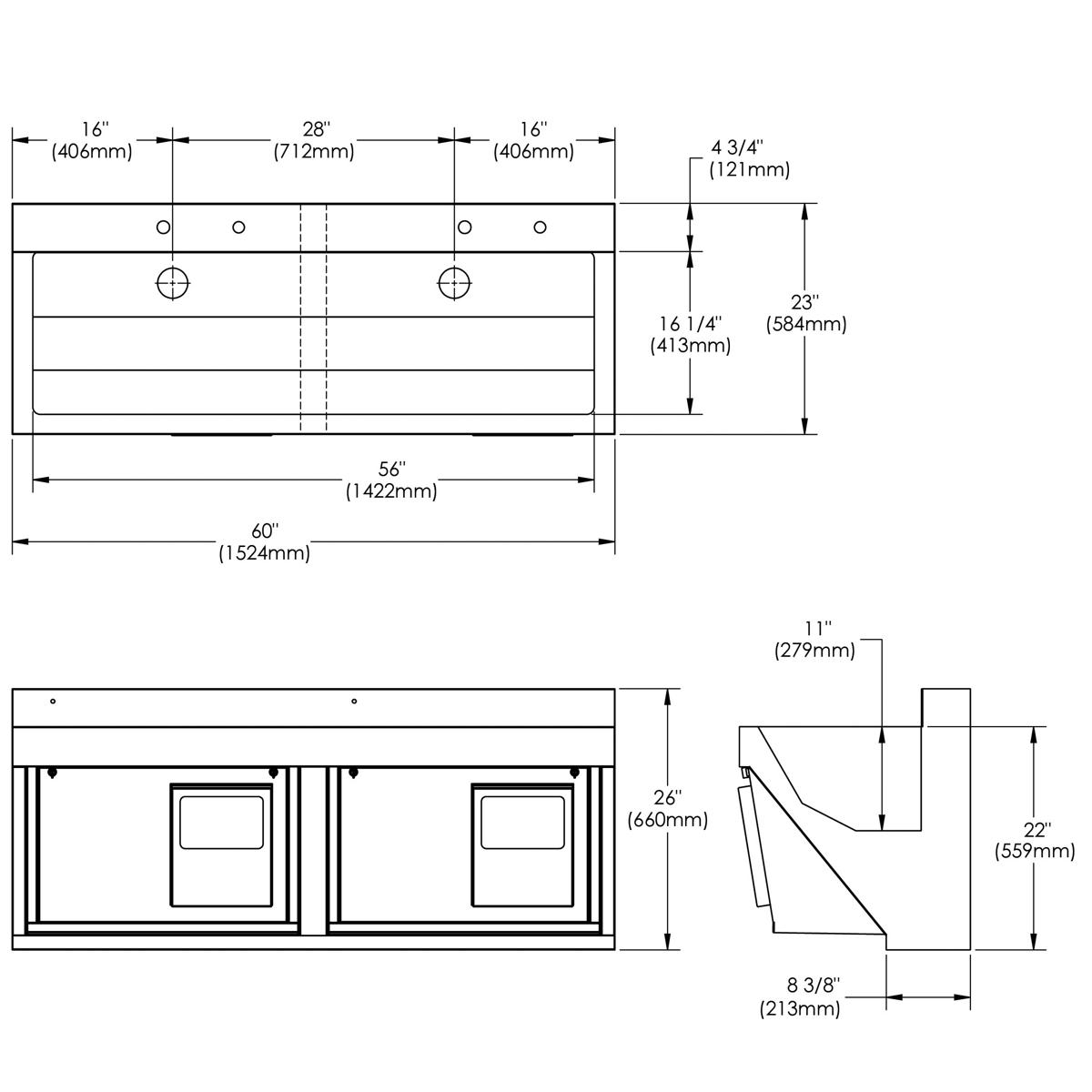 Elkay Stainless Steel 60" x 23" x 26", Wall Hung Double Station Surgeon Scrub Sink Kit EWSF26026KWC